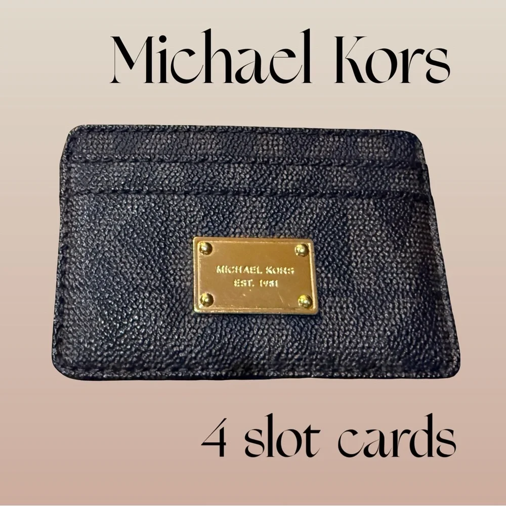 Michael Kors Signature PVC Card Holder Wallet Brown MK Logo Gold Plaque NWOT